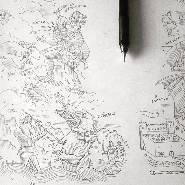 Work in progress for a poster inspired by the film "The Tale of Tales", based on an italian anthology of 17th century fairy tales. Working on the 17th Century Popular woodcut prints' aestethics to picture the film's places, scenes and characters and give a nice look and feel to the background. #ilraccontodeiracconti #taleoftales #woodcut #print #illustration #poster #wip #pencil #17th #century #old #matteogarrone #film #movie #italy