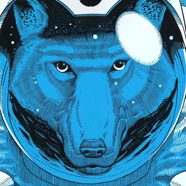 Detail for a work in progress for a board #wolf #scifi #snowboard #workinprogress #wip #penandink #linework #illustration #moon #space #cyan #detail