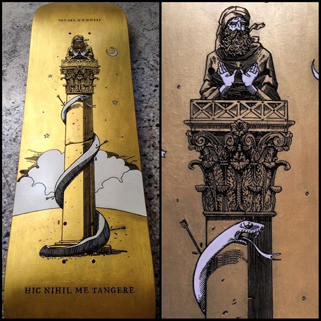 And that's a wrap. The board for "Skateboards Confluence" exhibition is finished and ready to be shipped at the gallery in #Milan 🍻
#skateboard #woodcut #engraving #fineart #stylite #saint #hermit #snake #gold #byzantine #paint #bible #oldtestament #crescent #illustration #skateboardsconfluence #art