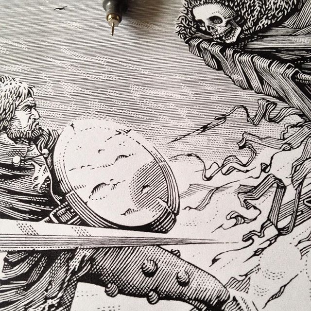 Another #workinprogress #sneakpeek shot for the project i'm currently on.
-
#illustration #wip #penandink #blackandwhite #artwork #linework #etching #engraving #death #reaper #grim #gothic #middleages #knight #sword #fantasy #folklore #art #marcellocrescenzi #brancaleone #movie #cinema #detail #dark #skull #competition #monicelli #gassman