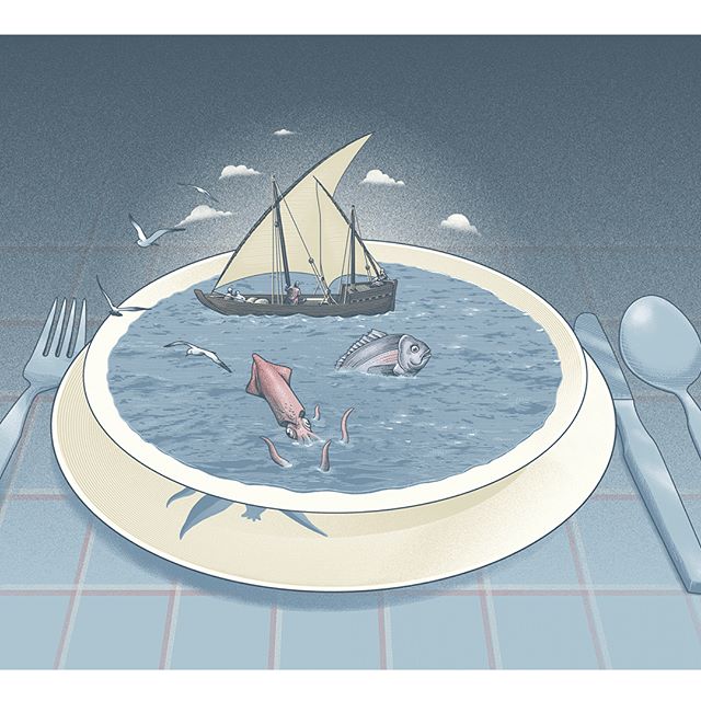 On August issue of @gambero_rosso my double page illustration and spots for an article about the use of sea #water in cooking since ancient times.